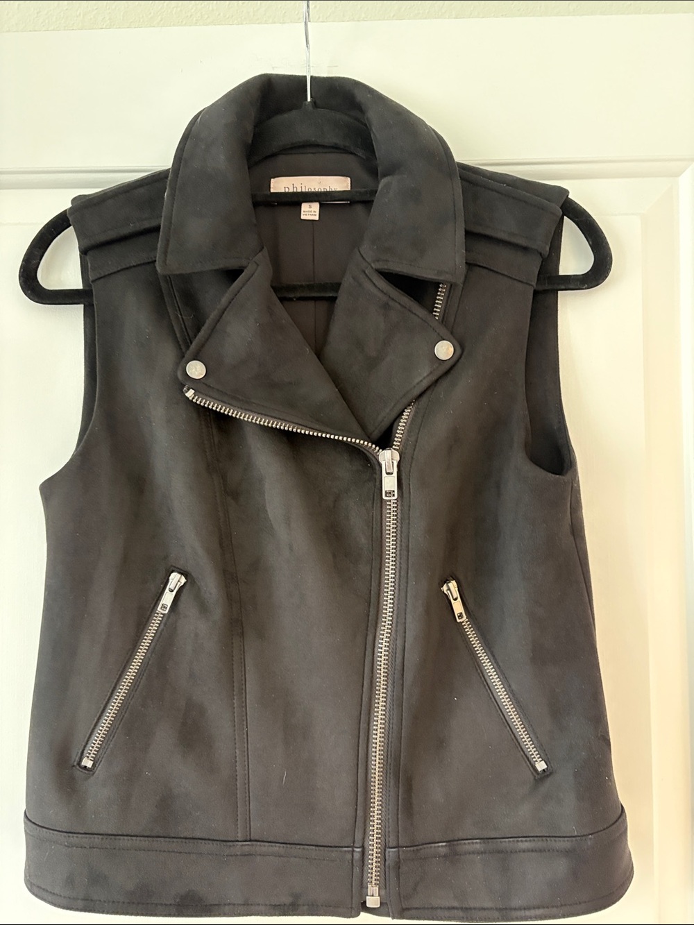 Preowned Philosophy Faux Suede Black Moto Vest Size Small